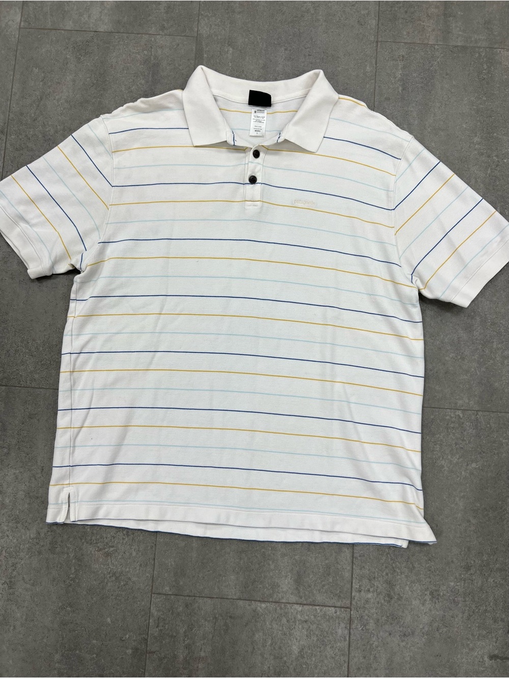 Patagonia Striped Polo Shirt Men’s Large White Blue Yellow Short Sleeve
